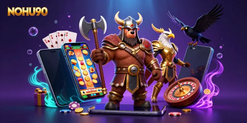 Engage with NOHU90's immersive casino scene featuring Viking characters and dynamic game elements.