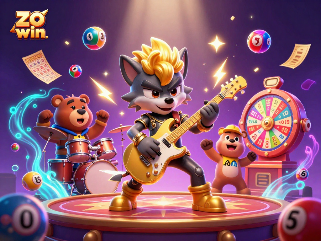 Experience thrilling gameplay with zo win as a dynamic wolf plays guitar on a vibrant casino stage.
