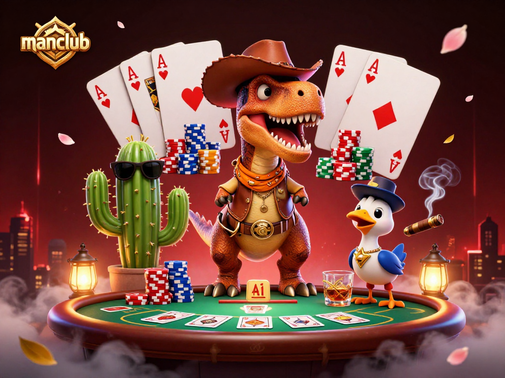 manclub brings excitement to poker night with a 3D cartoon cowboy dinosaur and friends.