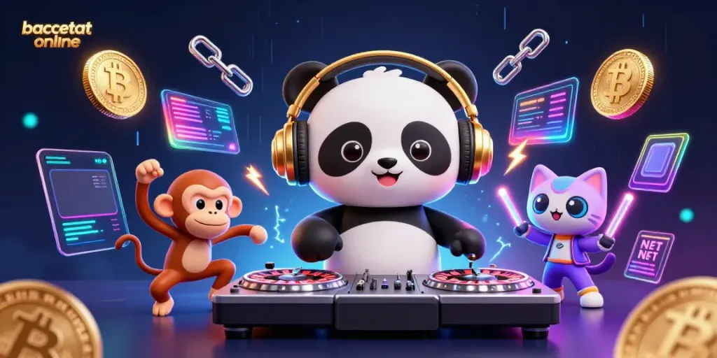 Experience baccarat online excitement with a DJ panda, a rave kitten, and a dancing monkey in a vibrant digital casino atmosphere.