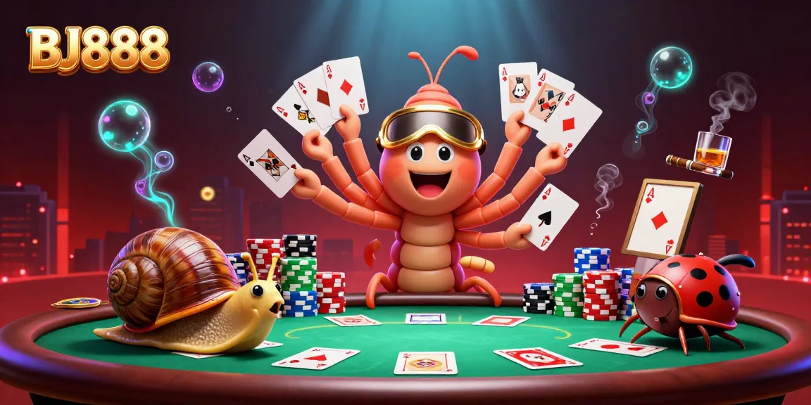 Experience high-stakes poker at BJ888 with a vibrant 3D scene featuring an animated dealer and colorful chips.