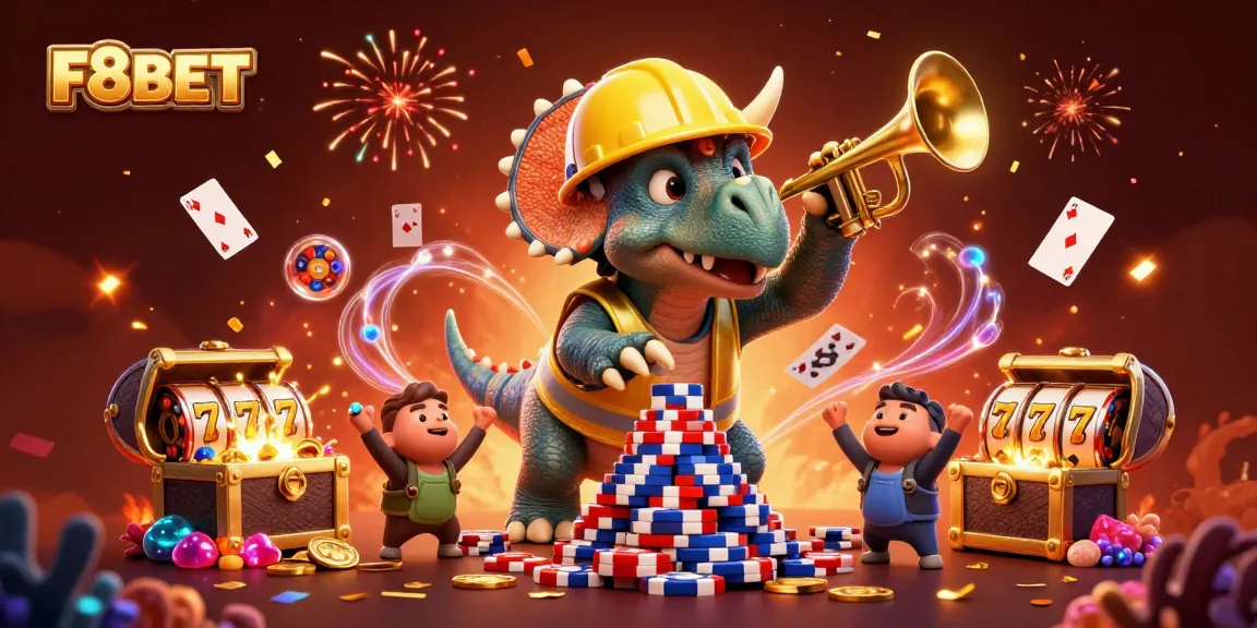 F8BET brings excitement as the triceratops builds poker chips surrounded by casino elements.