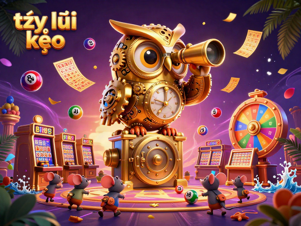Engage with tỷ lệ kèo on a lively casino floor with a golden owl and dynamic gaming elements.