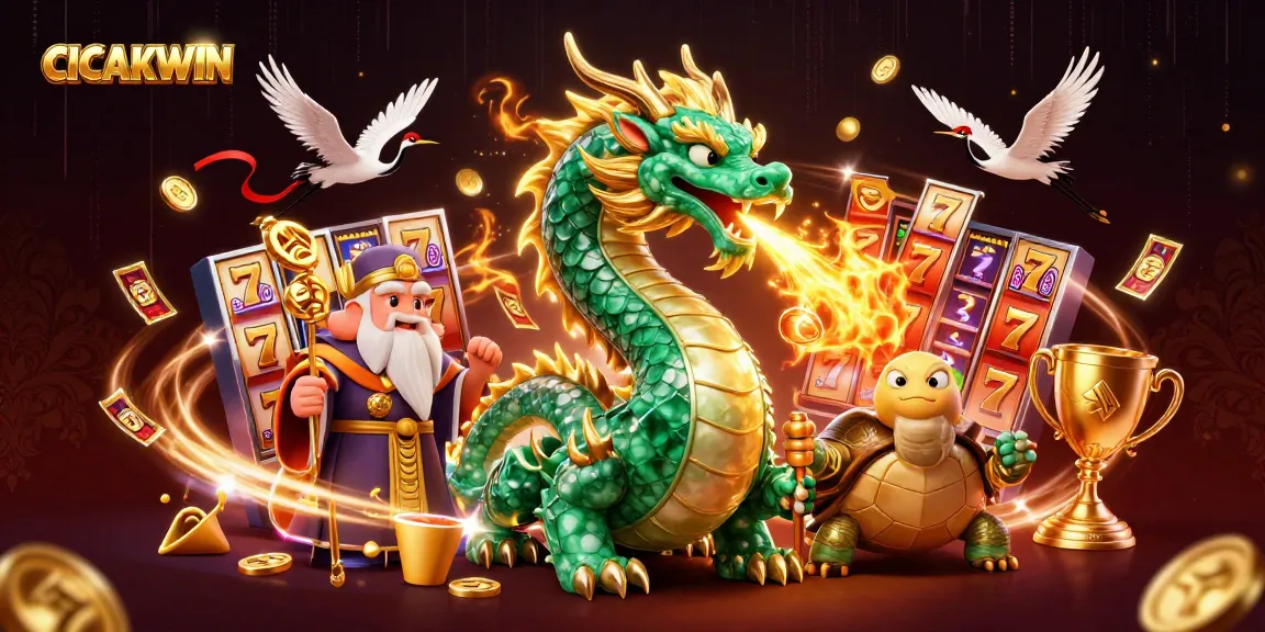 CICAKWIN engages players with thrilling slot reels, showing off a dragon's fiery luck and excitement.