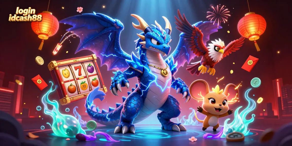 Experience the thrill of login idcash88 with an electrifying 3D casino scene showcasing slot games.