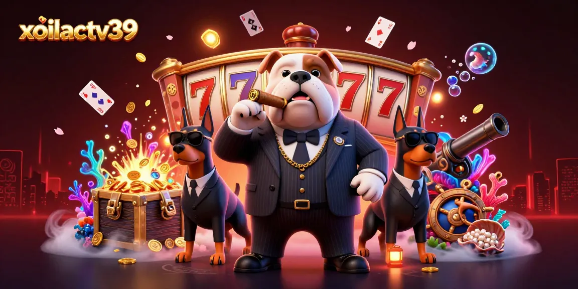 Experience the gaming world with xoilactv39, featuring a mafia bulldog and action-packed slot elements.
