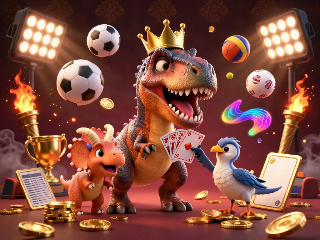 Engage in the excitement of B52 with a friendly T-Rex and pterodactyl at a thrilling casino game.