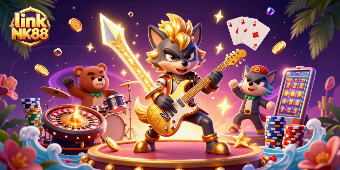 Spin the slots with link NK88, featuring a rock star wolf in a vibrant casino atmosphere.