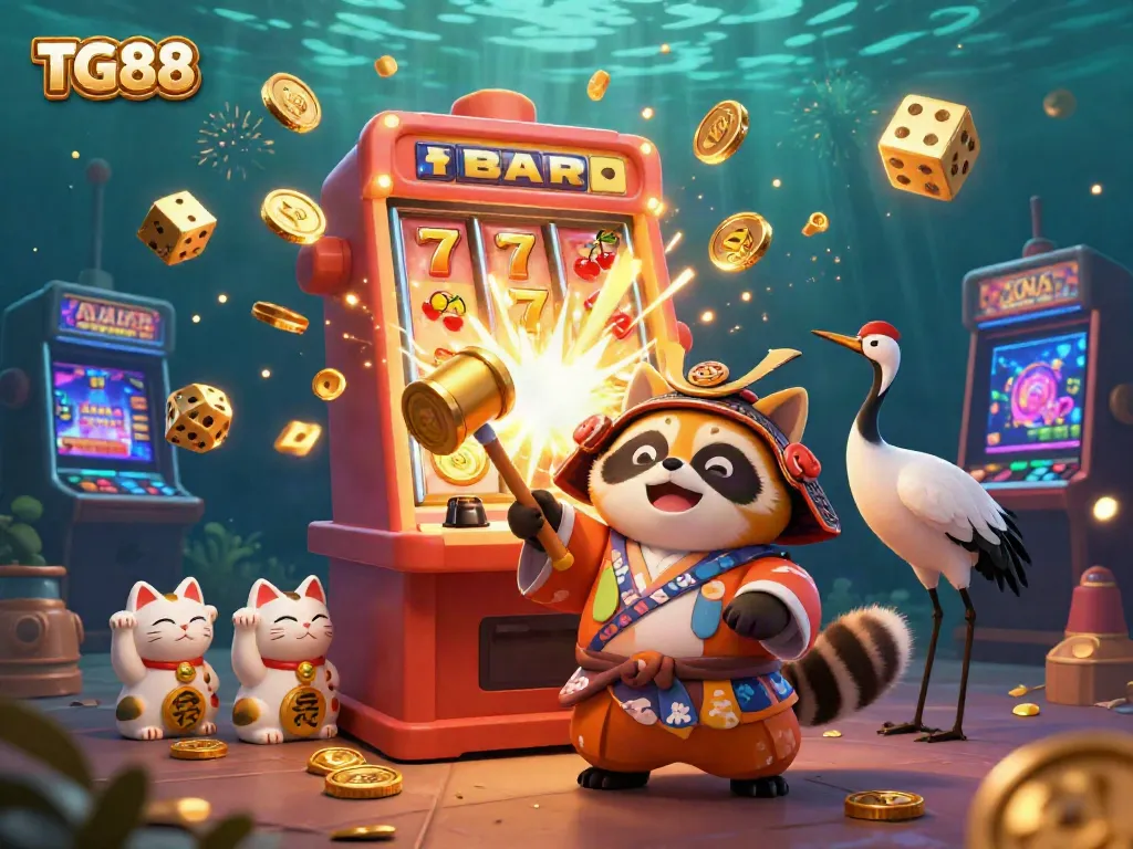 Experience the excitement of TG88 with lively tanuki, crane, and fortune cats amid a jackpot explosion in a 3D slot scene.