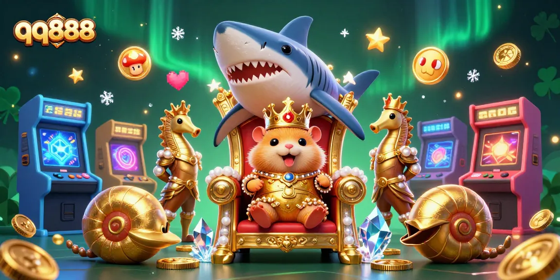 Engage and win big with qq888 at the colorful 3D arcade-themed casino illustration featuring a fierce hamster king.