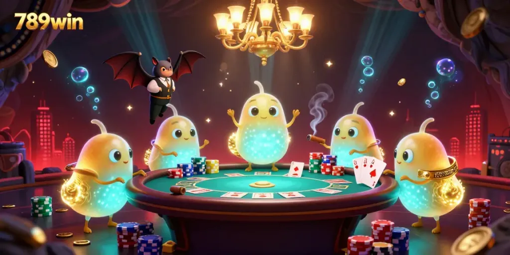 Experience the vibrant 789win casino atmosphere with glowing glowworms and a bat dealer in a dynamic 3D illustration.