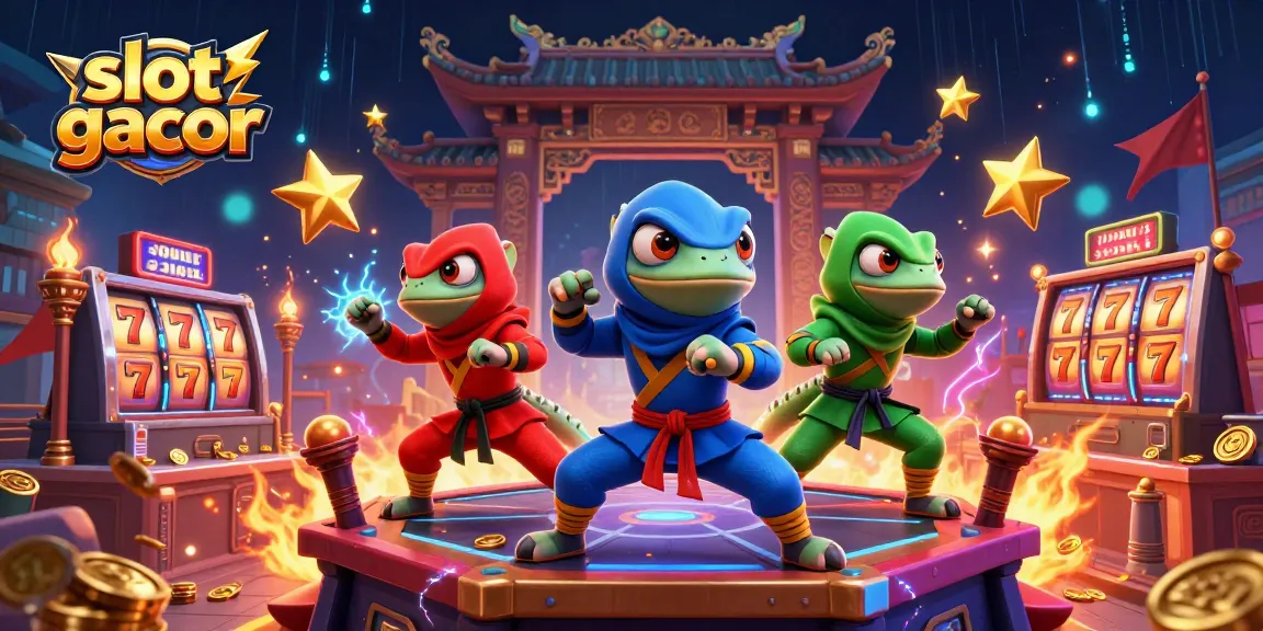 Experience the thrill of slot gacor with dynamic ninja chameleons in a lively casino scene.