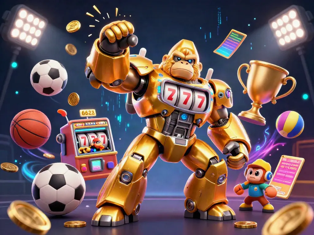 Engage in high-energy gaming at 6623 with a golden gorilla mech surrounded by dynamic sports elements.