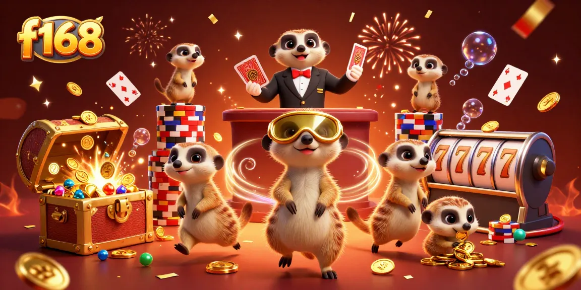 Experience the thrilling casino adventure of f168 with meerkats managing games, celebrating wins, and colorful gaming elements.