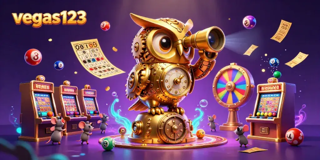 Karakter vegas123 dalam ilustrasi kasino dengan burung hantu dan tikus berputar, menghasilkan suasana perjudian yang meriah.