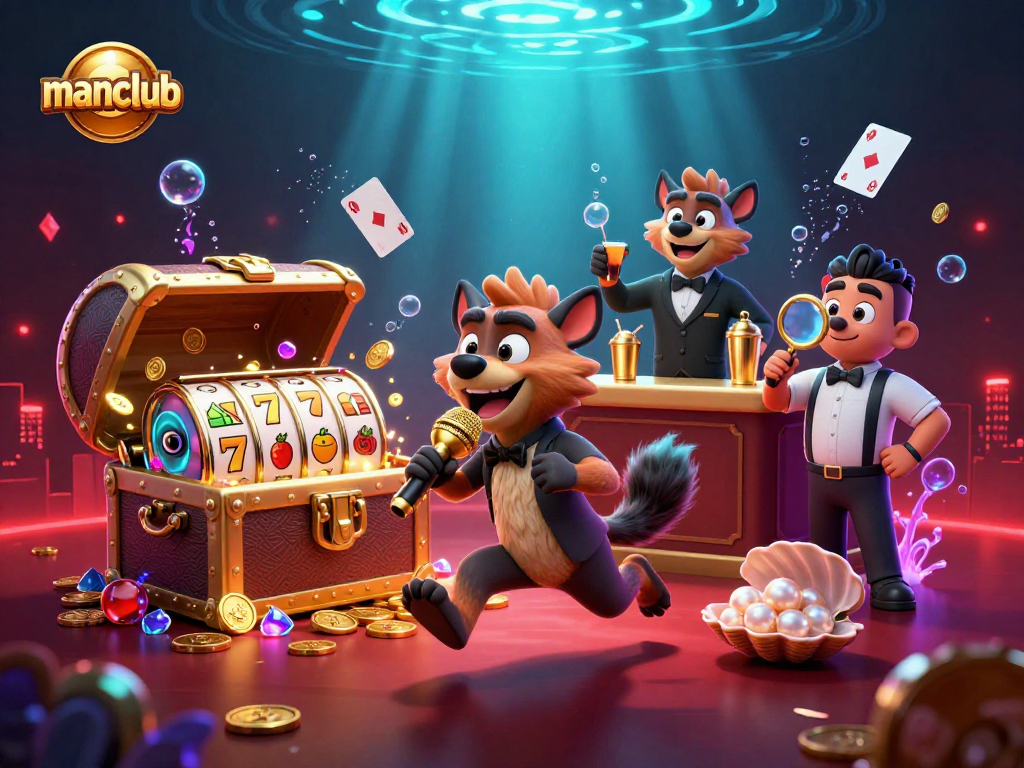 Join the fun at manclub as hyenas celebrate with slots and comedy in this vibrant casino scene.