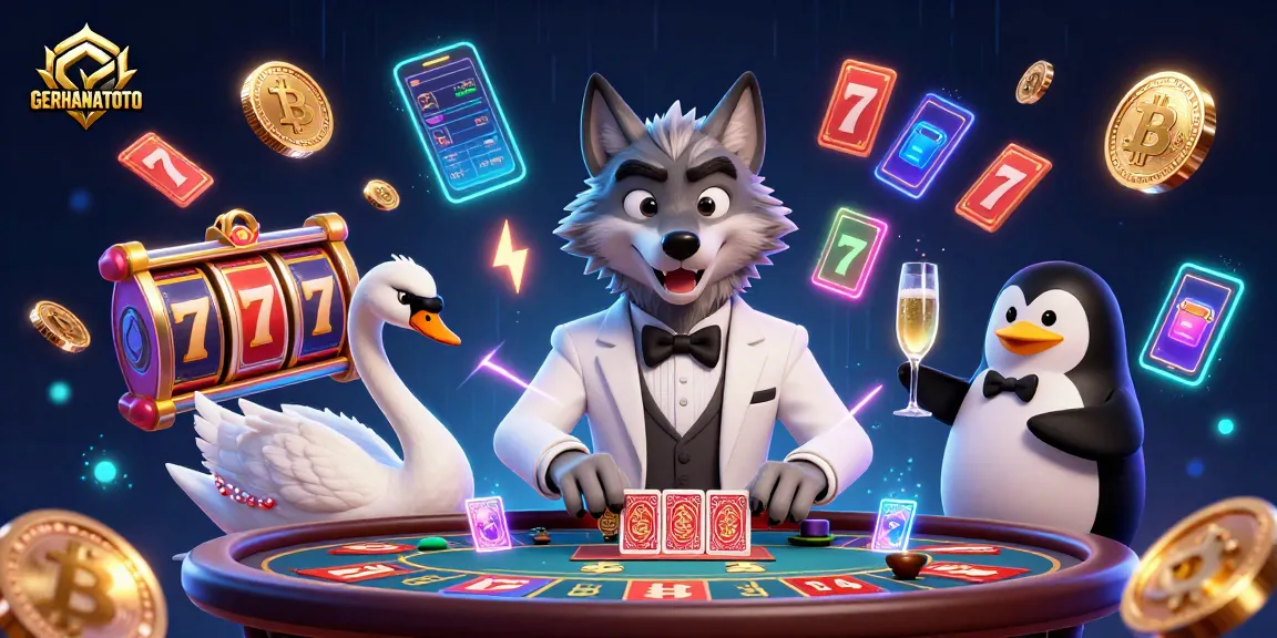 GERHANATOTO menampilkan ilustrasi 3D karakter kasino, wolf elegan dan elemen permainan menarik.