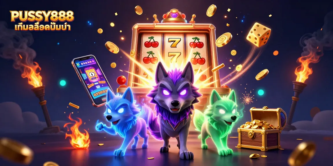 PUSSY888 เกมสล็อตมือถือ features an exciting scene with glowing wolves around a jackpot slot machine, depicting thrilling gaming action.