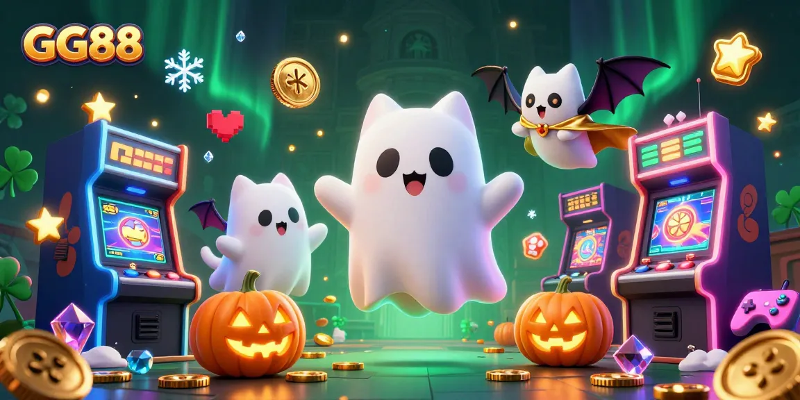 Experience the exciting world of GG88 with a friendly ghost cat and a vampire bat in a haunted casino