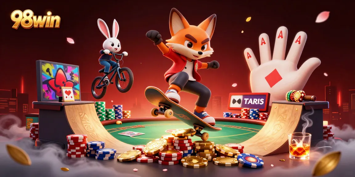 Immerse in vibrant action with 98win as animated characters showcase dynamic casino gaming scene.