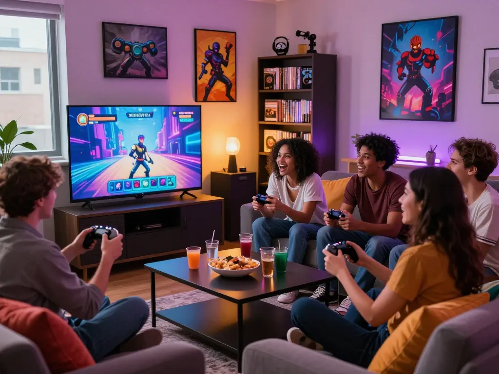 Exciting game sex scene with friends playing interactive sex games together in a cozy gaming lounge.