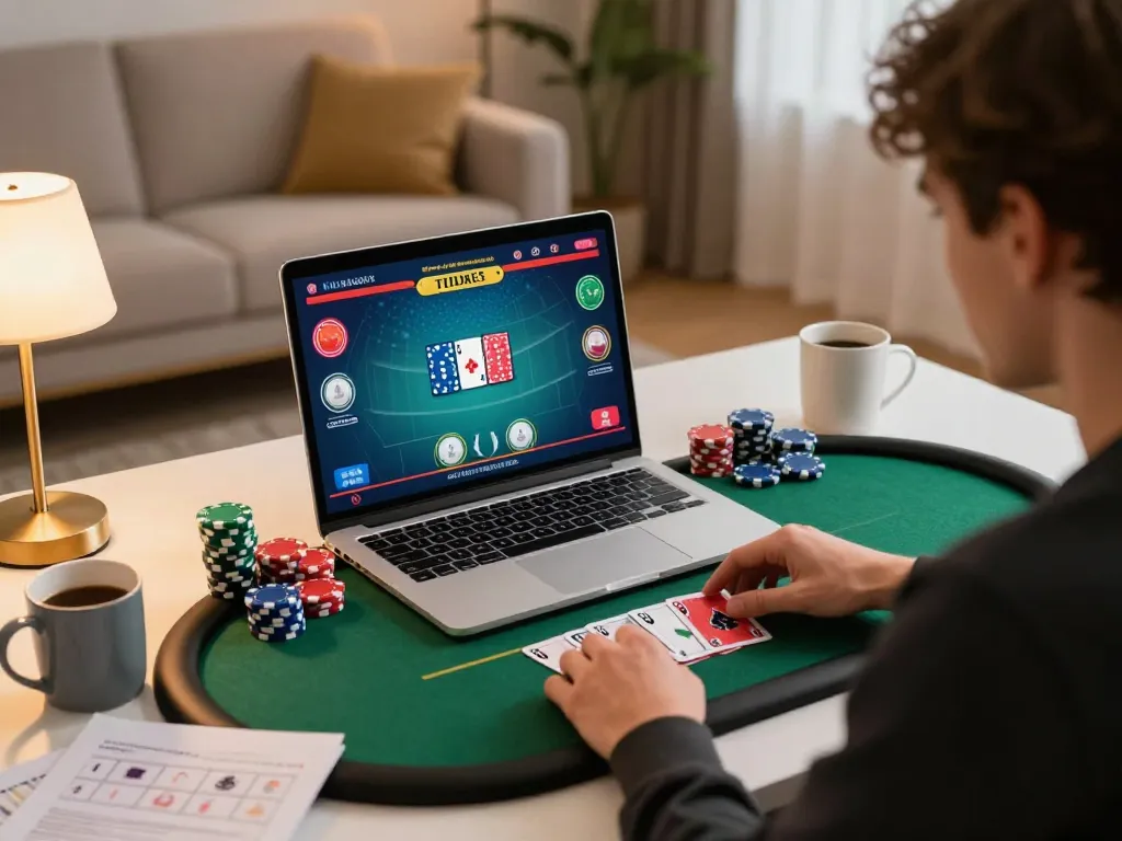 Engaged player exploring game bài đổi thưởng through online poker, home setting showcasing strategy notes and vibrant atmosphere.
