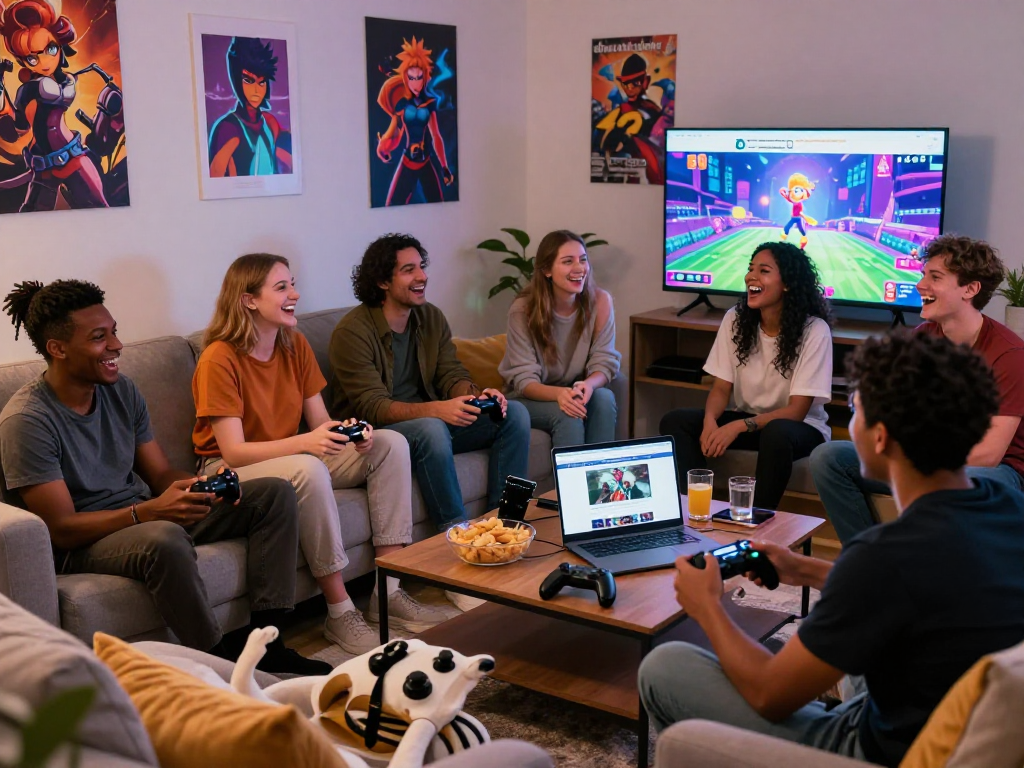 Group of friends enjoying lewdspot games on a cozy couch.