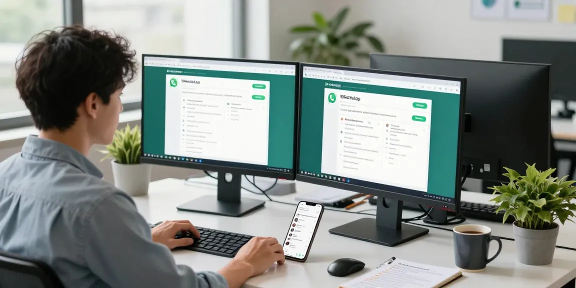 Using WhatsApp網頁版 on dual monitors in a modern office setting.