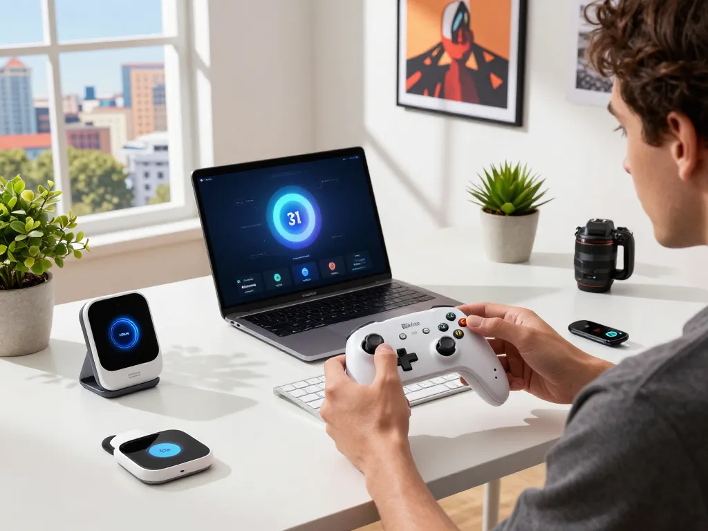 Person exploring trending tech gadgets in a bright modern workspace with innovative devices.