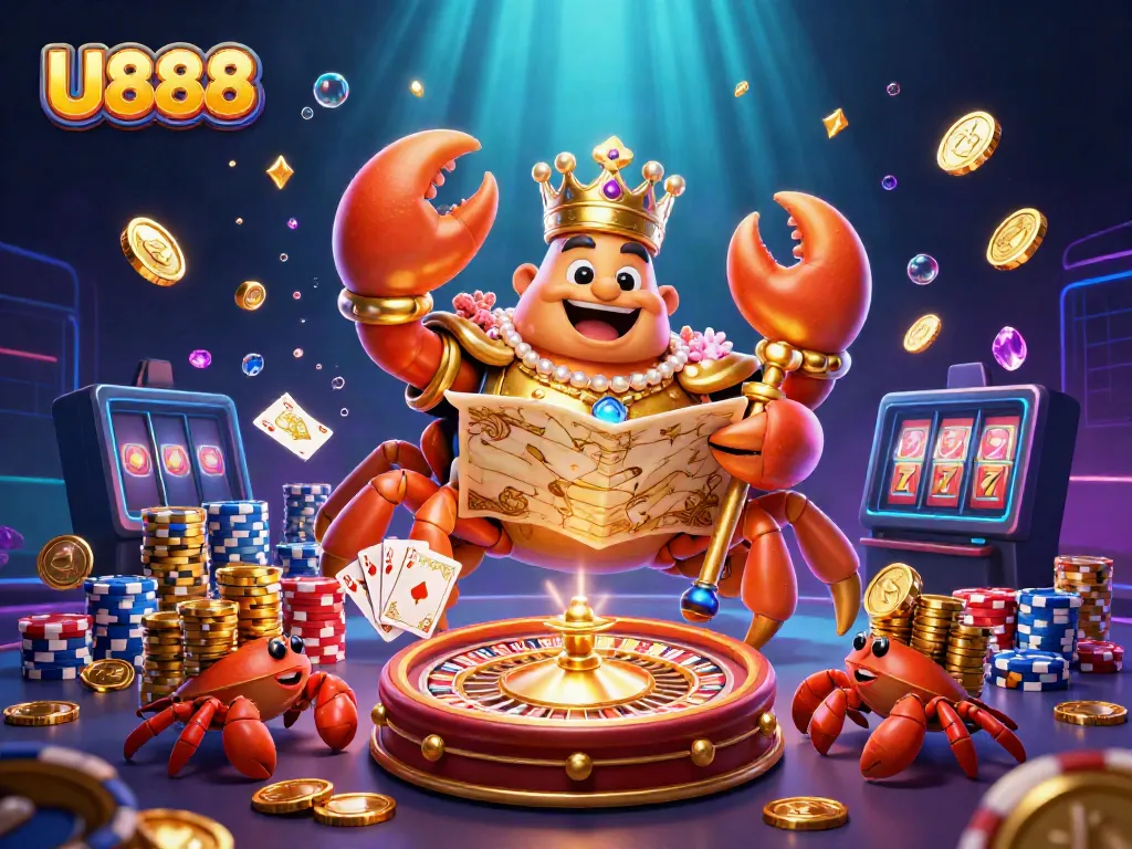 Engage with U888's vibrant casino scene featuring a golden crab emperor and dynamic game elements.