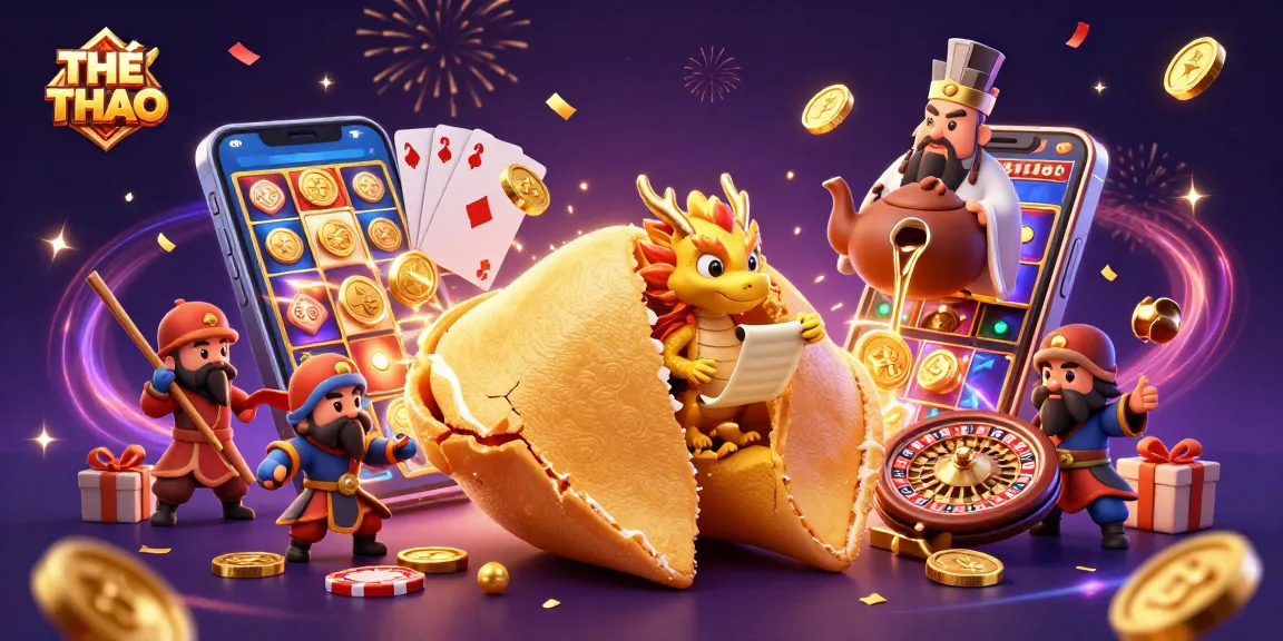 Engage in THỂ THAO excitement as golden fortune cookie characters guard a vibrant casino scene.