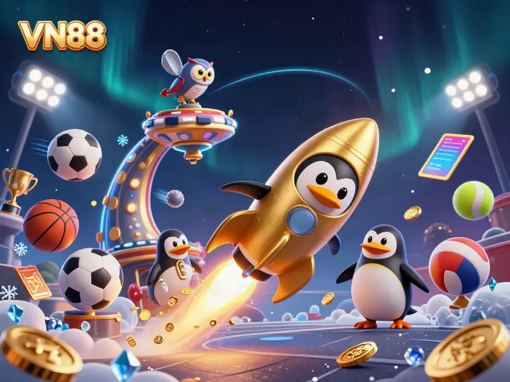 Experience thrilling space adventure with VN88's golden penguin rocket racing towards a vibrant poker chip casino.