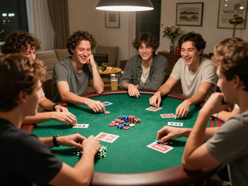 B52 Club home poker night with friends enjoying a game, chips and cards visible, competitive atmosphere.