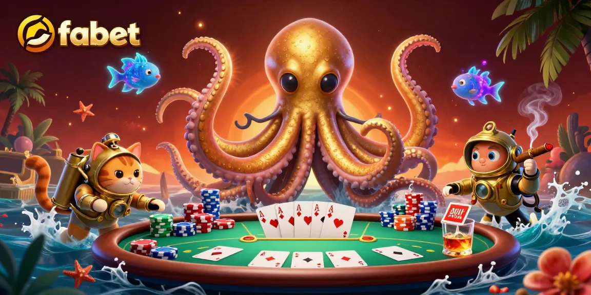 Bet on fabet with a vibrant scene of a kraken, diving cat, and poker chips.