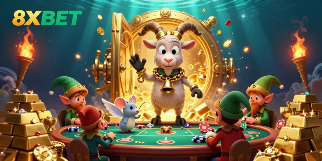 Experience the thrilling vibes of 8XBET's casino with a whimsical Krampus goat and lively elf gremlins!