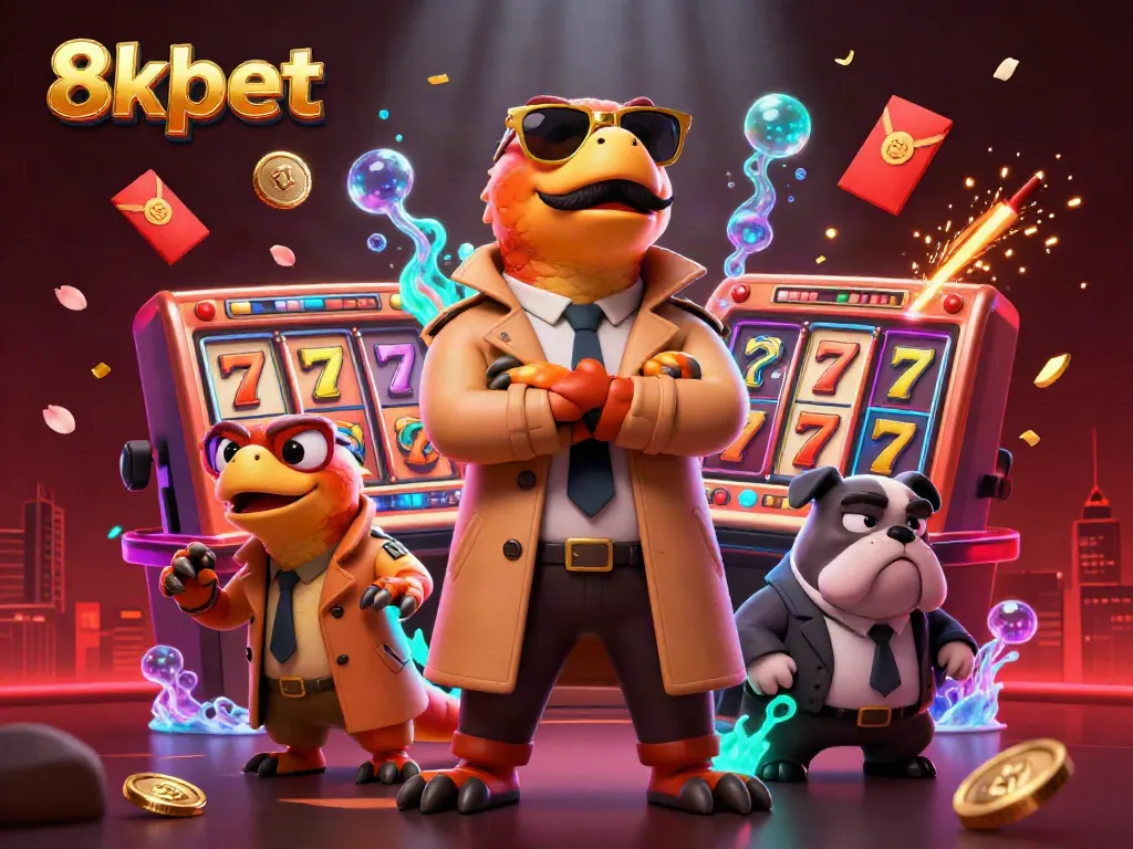 Engage with 8xbet's thrilling casino atmosphere featuring vibrant elements and colorful characters.