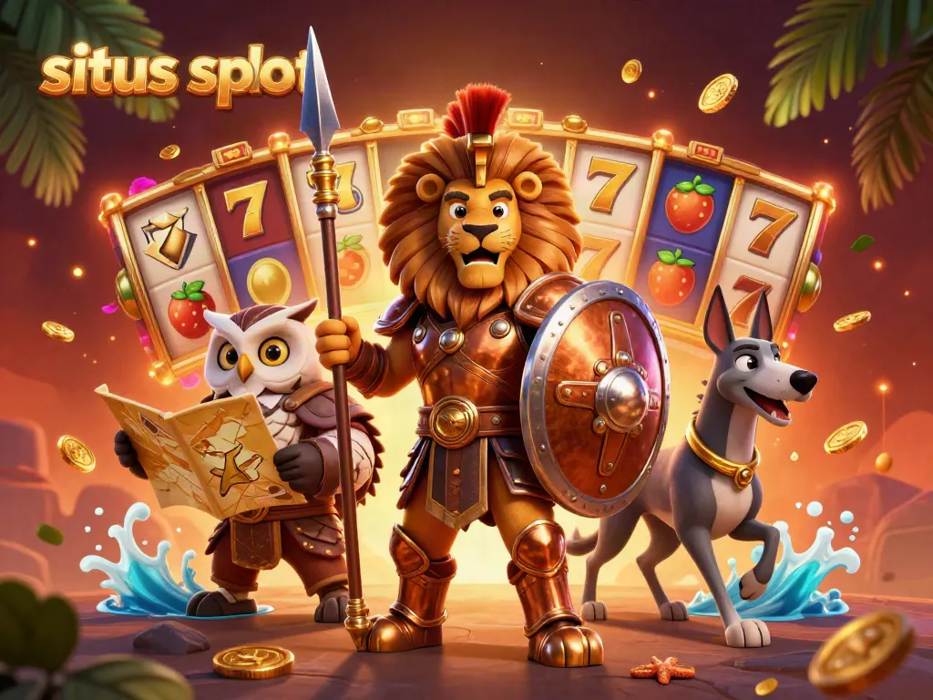 Engage in situs slot action with a valiant Spartan lion and tactical owl in a vibrant casino scene.