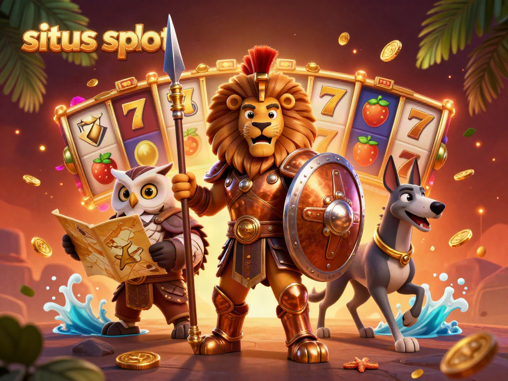 Engage in situs slot action with a valiant Spartan lion and tactical owl in a vibrant casino scene.