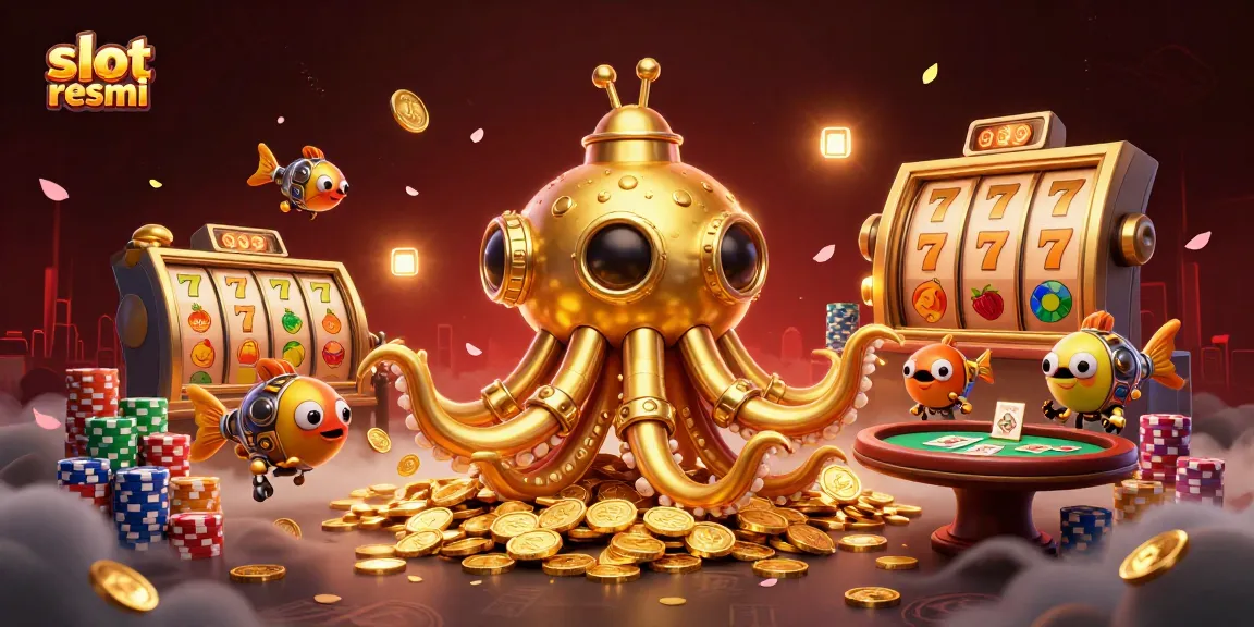 Experience thrilling slot resmi games with a golden kraken submarine surrounded by vibrant coins.