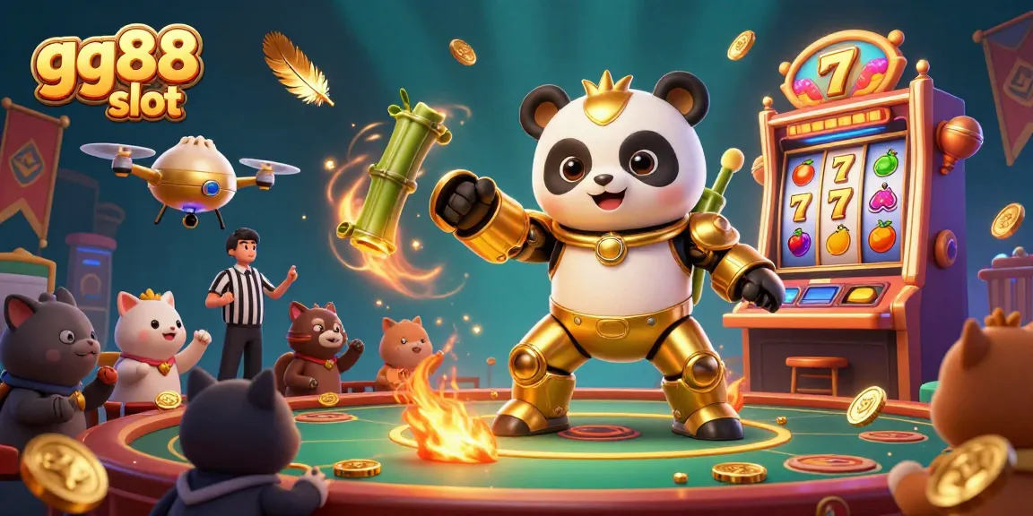 Spin the reels at gg88 slot while a golden panda pilots a bamboo robot in a dynamic casino showdown.