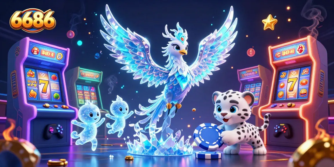 Experience thrilling gaming adventures with 6686 featuring an ice phoenix, casino elements, and vibrant graphics.