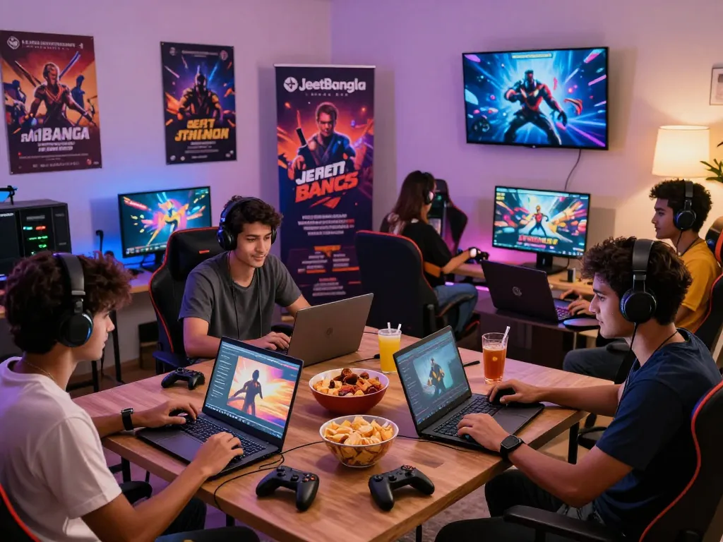 Group of friends gaming together at home, showcasing JeetBangla promotions and vibrant gaming atmosphere.