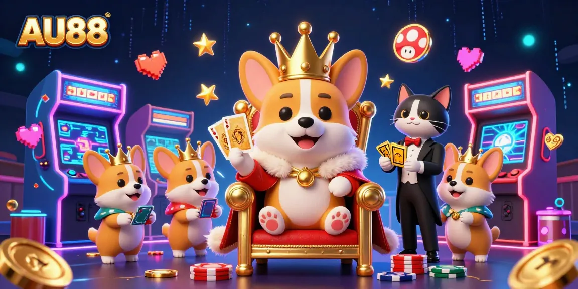 Experience gaming thrill at AU88 with a royal corgi, gaming machines, and vibrant casino elements.