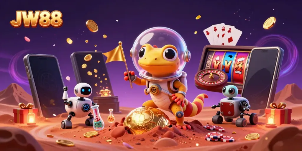 Visualize JW88's online gaming fun with Martian gecko discovering a gold casino.