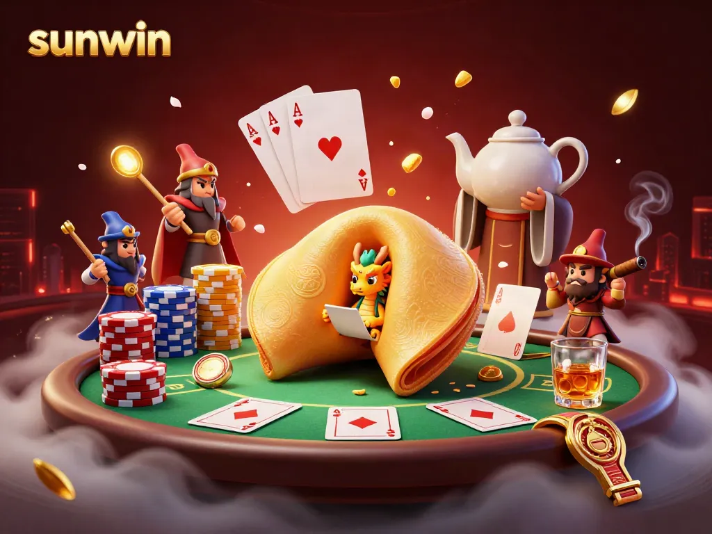 Experience the excitement at sunwin with a dynamic 3D illustration of a golden fortune cookie, poker elements, and rich atmospheric details.