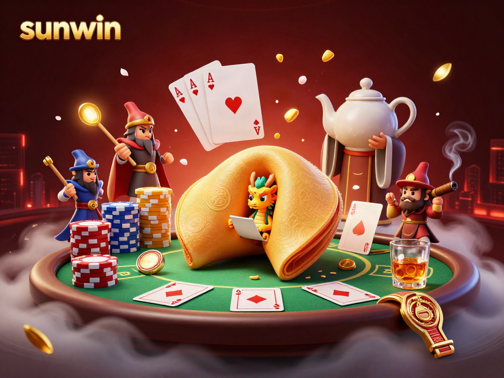 Experience the excitement at sunwin with a dynamic 3D illustration of a golden fortune cookie, poker elements, and rich atmospheric details.