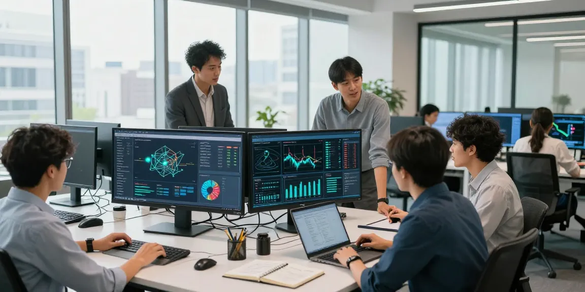 IT business support team collaborating in a modern office with data displays, laptops, and notes.