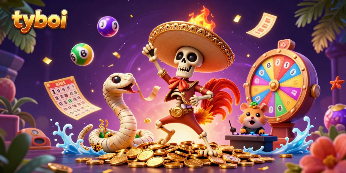 Experience thrilling wins with tyboi in a vibrant 3D casino scene filled with dynamic game elements.