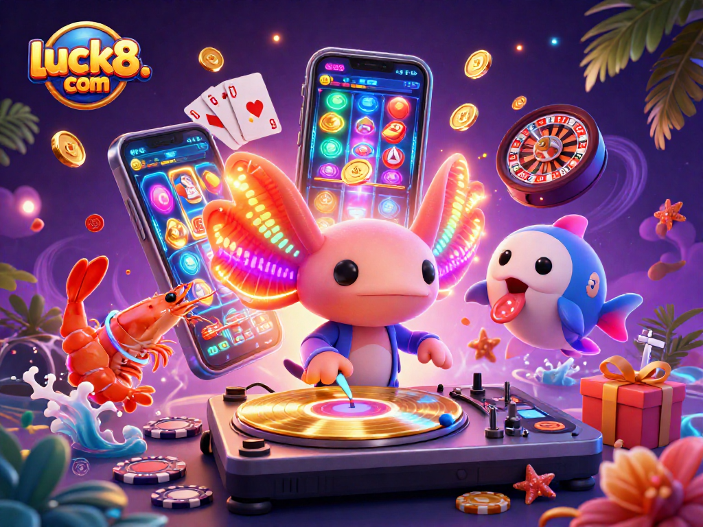 Experience excitement at luck8. com with a vibrant 3D casino themed illustration featuring a neon axolotl DJ.