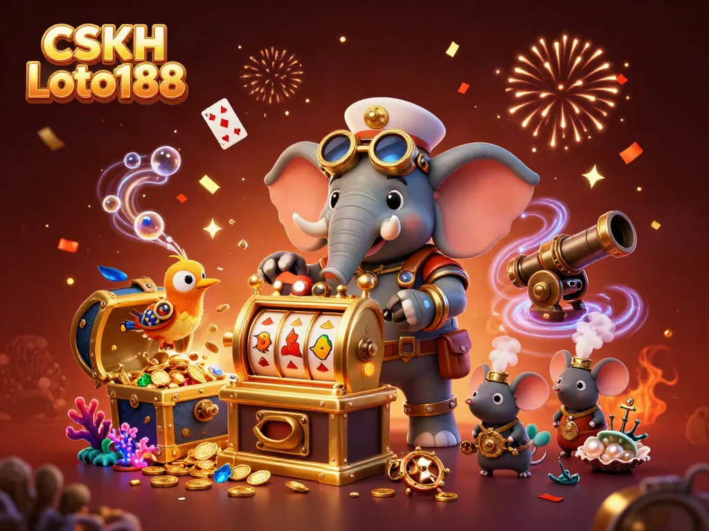 Engage in thrilling gaming with CSKH Loto188 featuring a steampunk elephant and exciting casino elements.